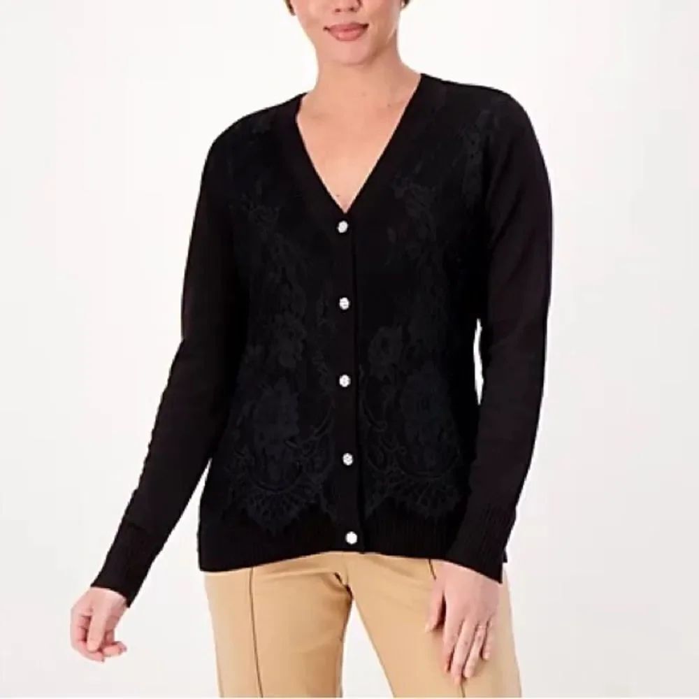 Isaac Mizrahi Live! Novelty Lace Overlay Sweater Cardigan